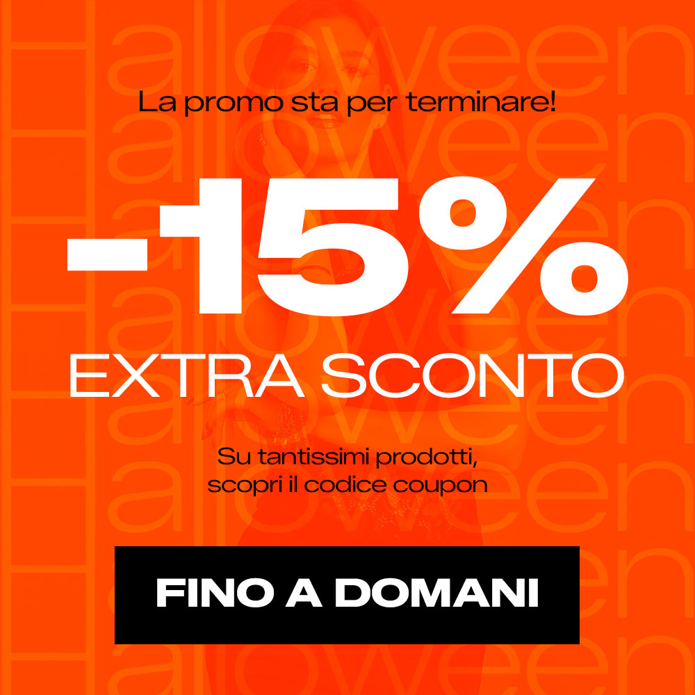 Orange Halloween banner reading '-15% EXTRA SCONTO' in Italian, promoting a limited-time sale 'FINO A DOMANI' (ends tomorrow)