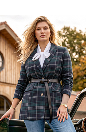 Blazer a quadri aderente in verde scuro con cintura