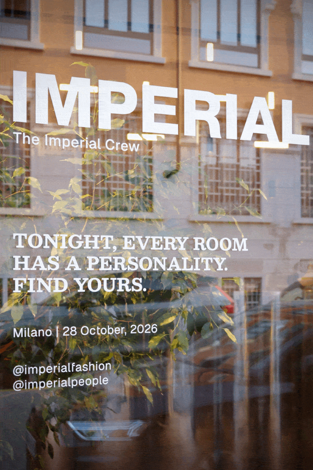 Boutique collage with 'IMPERIAL' window signage, clothing racks and coats, stacked 'ENTER THE CREW' boxes, modern pendant light and studio headphones