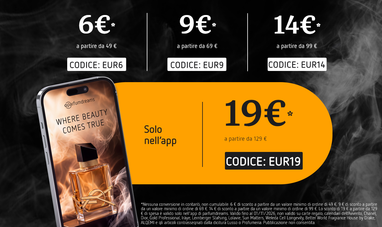 Flacone di profumo su smartphone. Solo nell’app: 19 € di sconto a partire da una spesa minima di 129 € con il codice EUR19. Non cumulabile con altri sconti, valido su marchi selezionati.