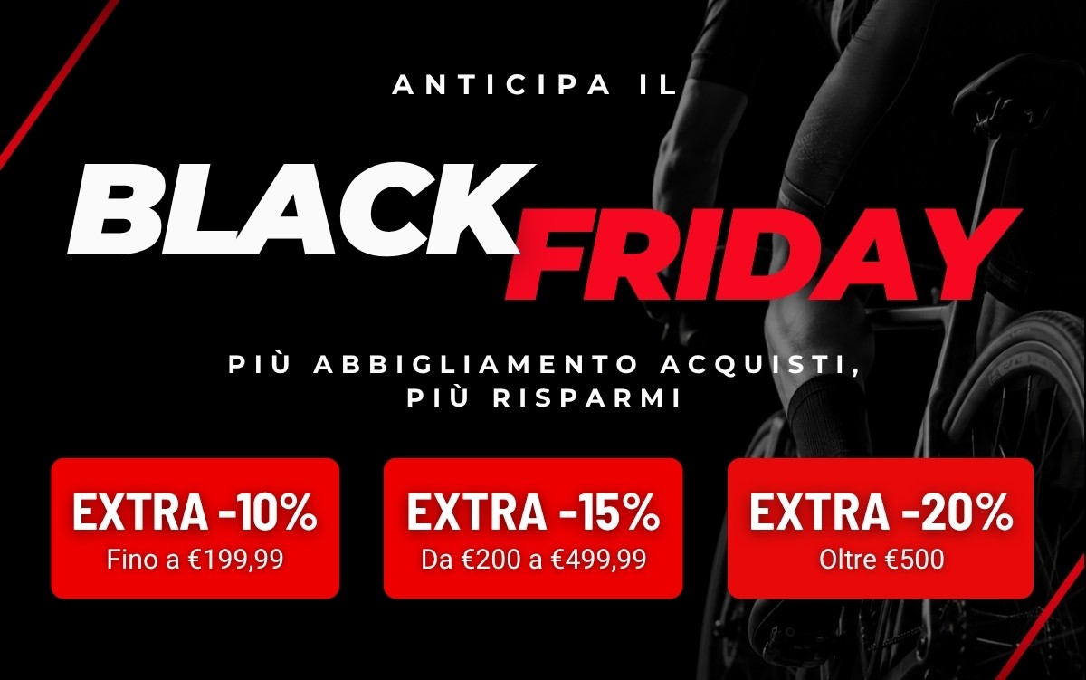 Black Friday banner: cyclist silhouette and bold text advertising extra -10%, -15% and -20% discounts on clothing