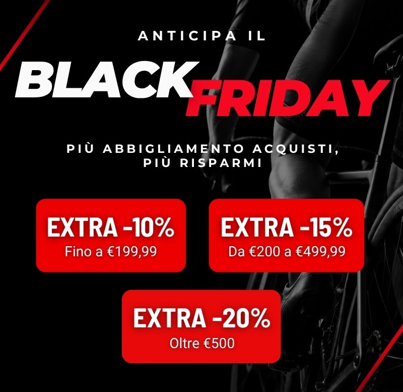 Black Friday banner with cyclist, extra discounts: -10% up to €199.99; -15% €200–€499.99; -20% over €500